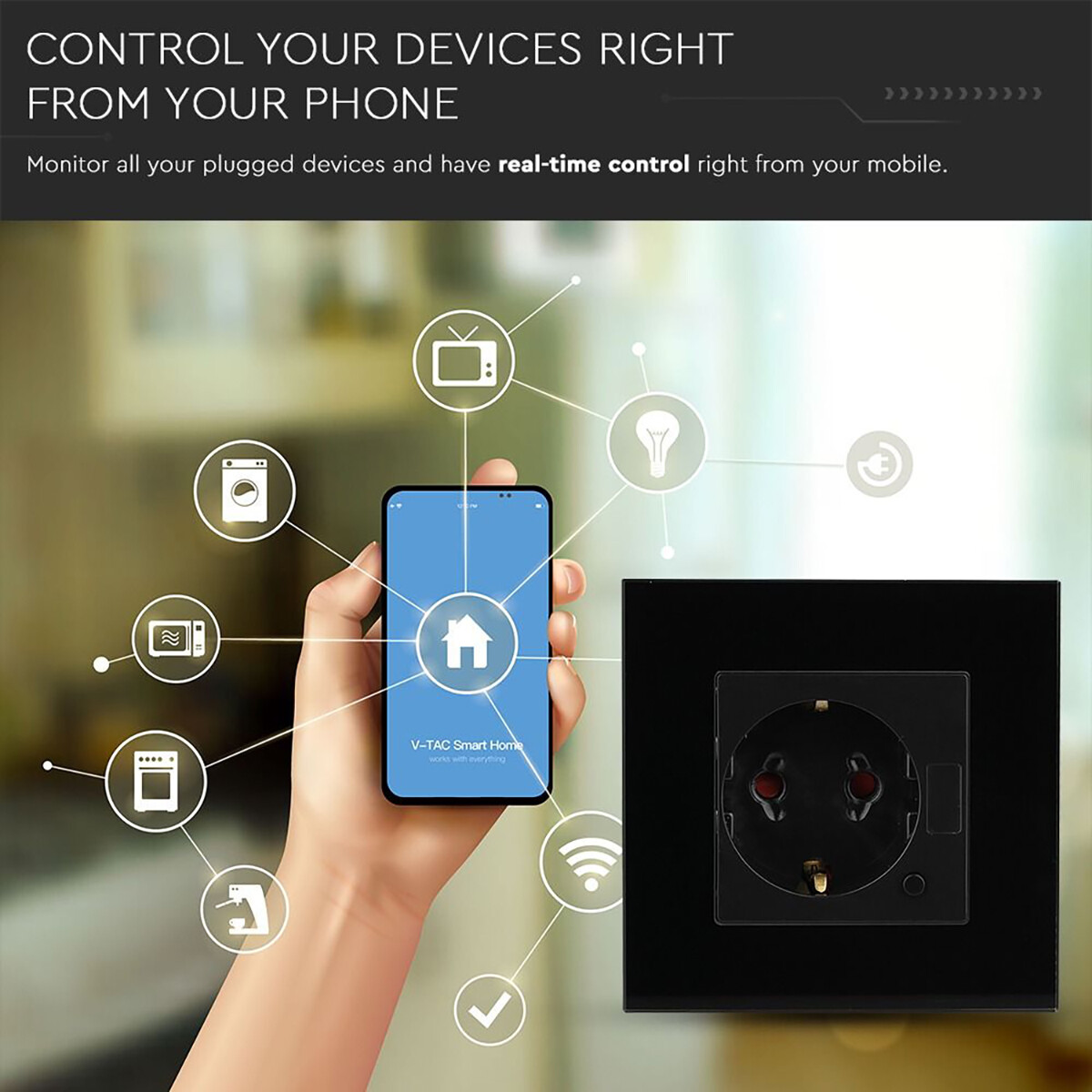 Wandcontactdoos Smart WiFi - Viron Wimo - Inbouw - 1-voudig - Randaarde - Incl. Glazen Afdekraam - Zwart